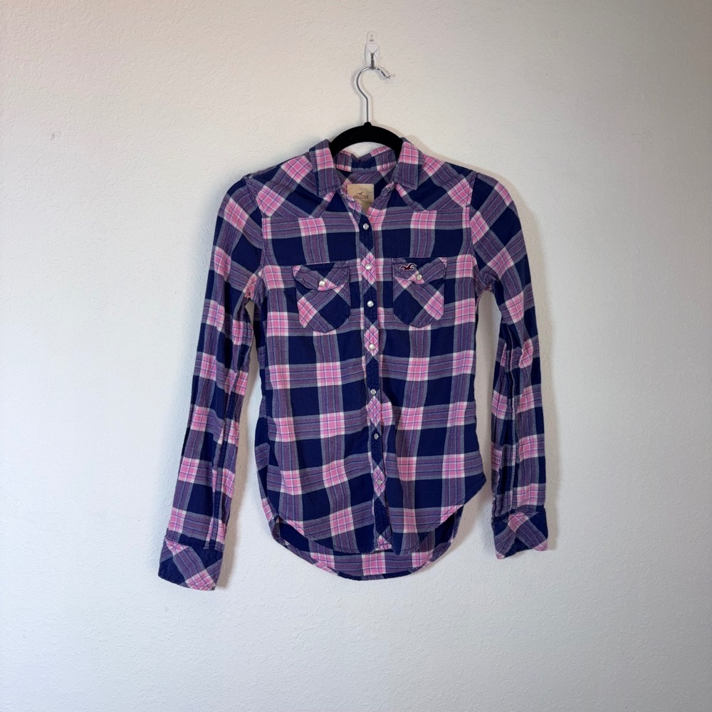 Hollister Flannel Shirt XS Pink Navy Plaid Excellent Pearl Snap Western Top